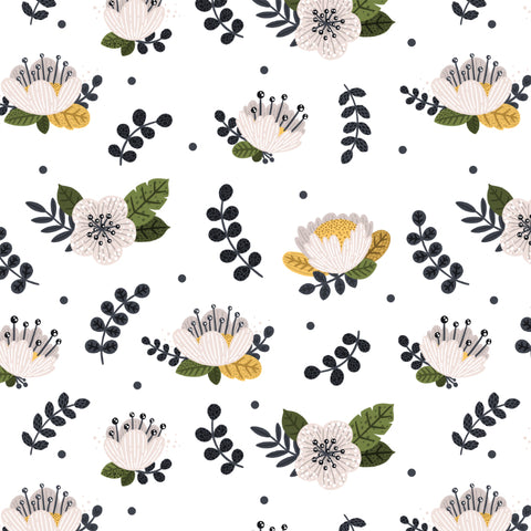 illustrated green white and yellow flowers design on white background wallpaper peel and stick pattern