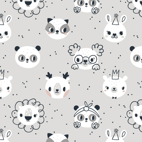 grey and white cartoon style animal design pattern on grey background wallpaper peel and stick