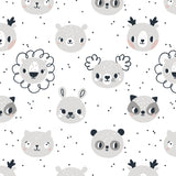 grey and white cartoon style animal design pattern on white background wallpaper peel and stick