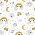 cartoon style grey and tan rainbow clouds stars and moon design pattern on white background wallpaper peel and stick
