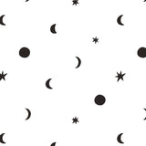 illustrated black half moon full moon and star design pattern on white background wallpaper peel and stick