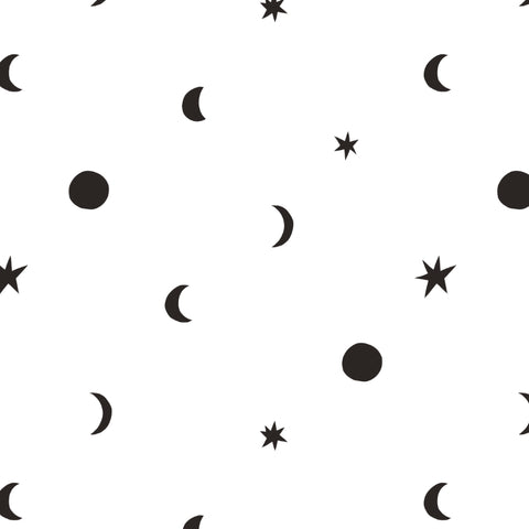 illustrated black half moon full moon and star design pattern on white background wallpaper peel and stick