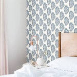 white and blue elegant vine design pattern on white background Removable Peel and Stick Wallpaper in bedroom