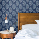 white and blue elegant vine design pattern on dark indigo blue background Removable Peel and Stick Wallpaper in bedroom