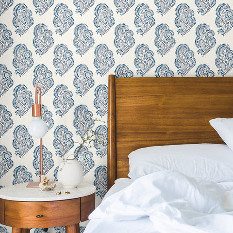white and blue elegant vine design pattern on white background Removable Peel and Stick Wallpaper sample size