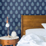 white and blue elegant floral design pattern on dark indigo blue background Removable Peel and Stick Wallpaper in bedroom