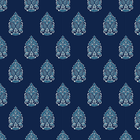white and blue elegant floral design pattern on dark indigo blue background Removable Peel and Stick Wallpaper