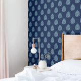 white and blue elegant floral design pattern on dark indigo blue background Removable Peel and Stick Wallpaper in bedroom