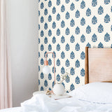 white and blue elegant floral design pattern on white background Removable Peel and Stick Wallpaper in bedroom