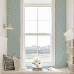 white and blue floral design pattern on light blue background Removable Peel and Stick Wallpaper in room