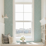 white and blue floral design pattern on light blue background Removable Peel and Stick Wallpaper in room