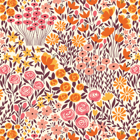 orange yellow pink and brown meadow design pattern on off white background Removable Peel and Stick Wallpaper