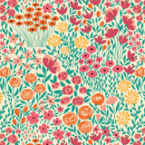 orange yellow pink and teal meadow design pattern on peach colored background Removable Peel and Stick Wallpaper