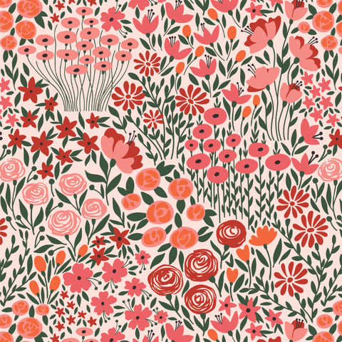 orange pink red and green meadow design pattern on light pink background Removable Peel and Stick Wallpaper