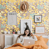 yellow light blue orange and brown meadow design pattern on off white background Removable Peel and Stick Wallpaper in bedrom