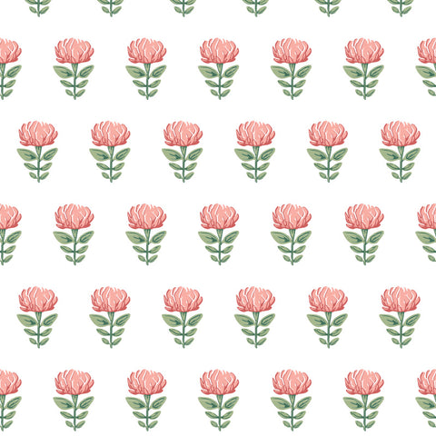 pink red and green flower design pattern on white background Removable Peel and Stick Wallpaper