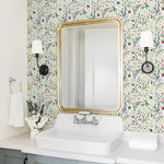 colorful cool tone floral design pattern on light green background Removable Peel and Stick Wallpaper in bathroom