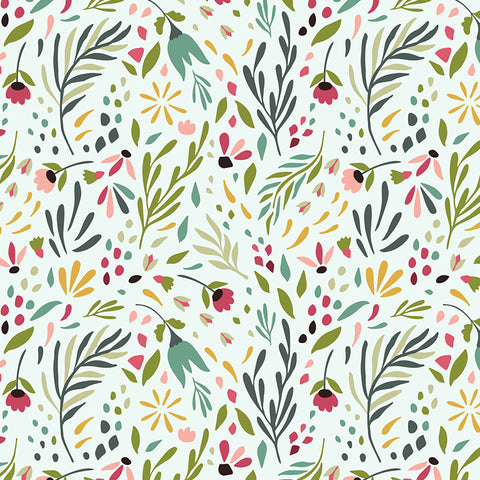 colorful cool tone floral design pattern on light green background Removable Peel and Stick Wallpaper