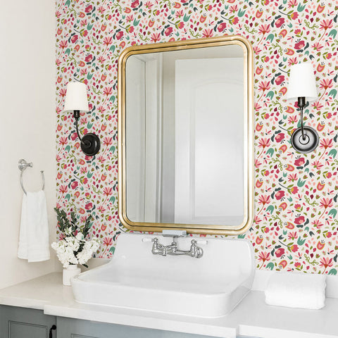 colorful bright floral design pattern on cream pink background Removable Peel and Stick Wallpaper in bathroom