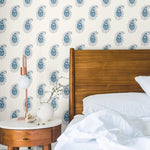 blue and black outlined elegant abstract floral design pattern on white background Removable Peel and Stick Wallpaper in bedroom