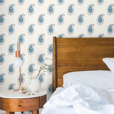 blue and black outlined elegant abstract floral design pattern on white background Removable Peel and Stick Wallpaper in bedroom sample size