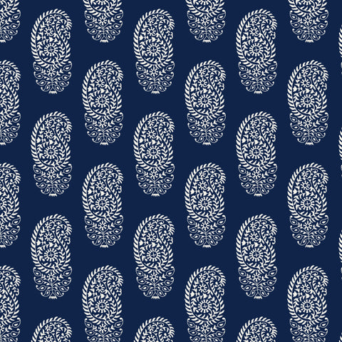 white elegant abstract floral design pattern on dark indigo blue background Removable Peel and Stick Wallpaper