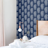 white elegant abstract floral design pattern on dark indigo blue background Removable Peel and Stick Wallpaper in bedroom