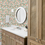 pink brown and blue floral design pattern on light blue background Removable Peel and Stick Wallpaper in bathroom