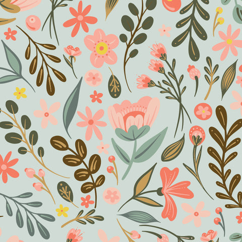 pink brown and blue floral design pattern on light blue background Removable Peel and Stick Wallpaper