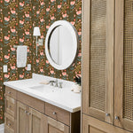 pink tan and blue floral design pattern on dark brown background Removable Peel and Stick Wallpaper in bathroom