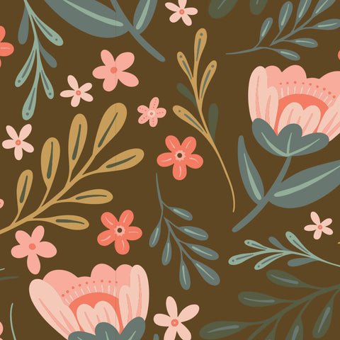 pink tan and blue floral design pattern on dark brown background Removable Peel and Stick Wallpaper