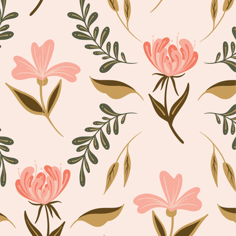 pink tan and dark green floral design pattern on peach colored background Removable Peel and Stick Wallpaper