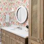 pink green and brown floral design pattern on white background Removable Peel and Stick Wallpaper in bathroom