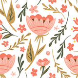 pink green and brown floral design pattern on white background Removable Peel and Stick Wallpaper