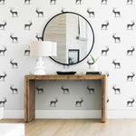 illustrated black and white antelope pattern on white background Removable Peel and stick wallpaper in living room