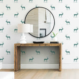 illustrated green antelope pattern on white background Removable Peel and stick wallpaper in living room