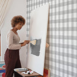 White background grey crosshatch pattern wallpaper in room with artist peel and stick removable