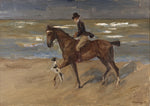 colored hand painted ocean and beach illustration with horse rider and dog canvas print