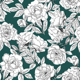 black and white outlined floral design pattern on forest green background Removable Peel and Stick Wallpaper