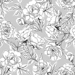 black and white outlined floral design pattern on grey background Removable Peel and Stick Wallpaper