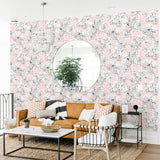 black and white outlined floral design pattern on rose pink background Removable Peel and Stick Wallpaper in living room