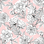 black and white outlined floral design pattern on rose pink background Removable Peel and Stick Wallpaper