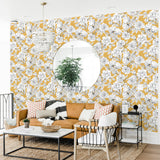 black and white outlined floral design pattern on amber yellow background Removable Peel and Stick Wallpaper in living room