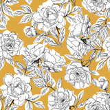 black and white outlined floral design pattern on amber yellow background Removable Peel and Stick Wallpaper