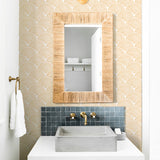 goldenrod yellow curved lines design pattern on white background Removable Peel and Stick Wallpaper in bathroom