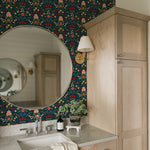 colorful pink green and red floral design pattern on navy blue background Removable Peel and Stick Wallpaper in bathroom