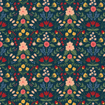 colorful pink green and red floral design pattern on navy blue background Removable Peel and Stick Wallpaper
