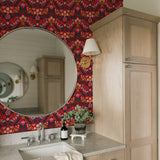 colorful dark blue pink and brown floral design pattern on red background Removable Peel and Stick Wallpaper in bathroom