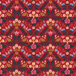 colorful dark blue pink and brown floral design pattern on red background Removable Peel and Stick Wallpaper