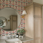 colorful red pink and green floral design pattern on white background Removable Peel and Stick Wallpaper in bathroom